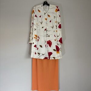 Sonia Rykiel Blazer Womens 40 Floral Button Career Classic Orange Pleated Skirt